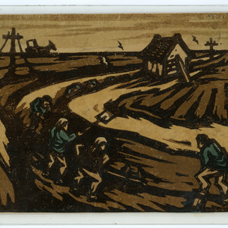 挖交通溝，1945，作于延安，套色木刻，13cm×18cm，胡一川研究所藏