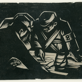 "Before the Attack", Shaanxi，Monochrome Woodcut，15.5cm×20cm，Collection of Hu Yichuan Research Institute of Guangzhou Academy of Fine Arts，1937