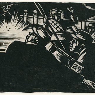 "Anti-Japanese War in Lugou Bridge"，Yan'an, Monochrome Woodcut, 15.7cm×20.1cm，Collection of Hu Yichuan Research Institute of Guangzhou Academy of Fine Arts，1938