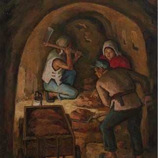 "Digging the Tunnel"，Hu Yichuan， Guangzhou，Oil on Canvas，146 x 112cm，1974