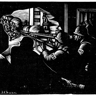 "Eight Hundred Heroes", Yan'an，Monochrome Woodcut，15.5x20cm, Collection of National Art Museum of China，1938