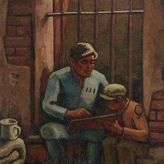 "In Prison", Guangzhou，Oil on Canvas，133cm×94.5cm，Collection of Hu Yichuan Research Institute of Guangzhou Academy of Fine Arts，1981