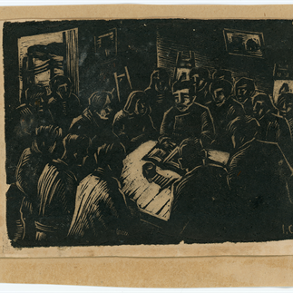 "Lu Xun at the Woodcut Class"，Xiamen，Monochrome Woodcut，7.4cm×9.8cm，Collection of Hu Yichuan Research Institute of Guangzhou Academy of Fine Arts，1936