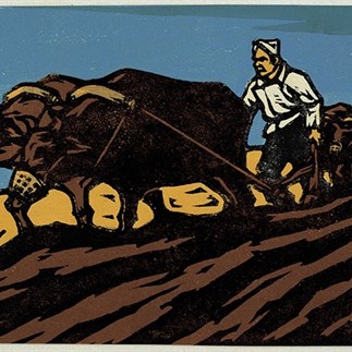 "Farm Labor-exchange Teams", Yan'an, Color-matching Woodcut, 11.7 x 19cm, 1943