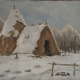 "The Straw Shed Where Lenin Lived", Moscow, Oil Painting on Cardboard, 35cm×44.5cm，Collection of Hu Yichuan Research Institute of Guangzhou Academy of Fine Arts，1960