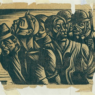 "Laborers under the Demon", Yan'an, monochrome woodcut, 8.25 × 10.5cm, collection of Hu Yichuan Research Institute of Guangzhou Academy of Fine Arts, 1938