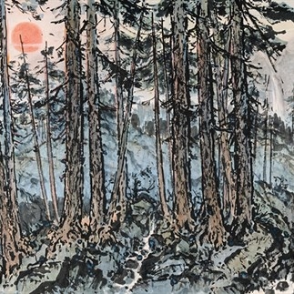 國畫-初日照疏林(1982)(101X154cm)橫軸