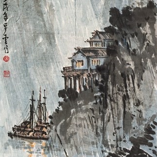 國畫-川江夜雨(1982年)(99X51cm)立軸