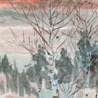 國畫-寒林落暉(1982年)(101X51.5cm)立軸