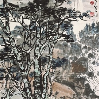 國畫-櫟樺松(1982年)(102X53cm)立軸