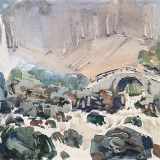 水彩畫-天池冠橋(1982年)(27X39cm)