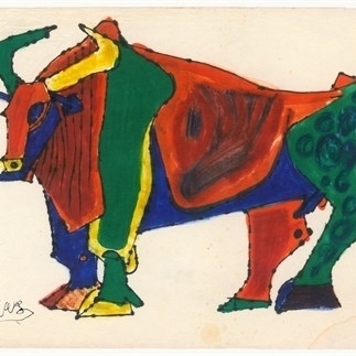 牛 Ox，紙本水彩、鋼筆，23.5x18cm 1980