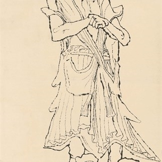 敦煌夜叉?zhèn)攘⑾皲摴P寫生Sketch of the Dunhuang Yasha side-standing statue，133x67.5cm，宣紙水墨，1981