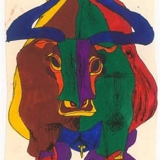 牛 Ox，紙本水彩、鋼筆，20.5x15cm，1980