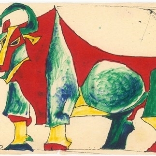 牛 Ox，紙本水彩、鋼筆，19.5x27.5cm 1980