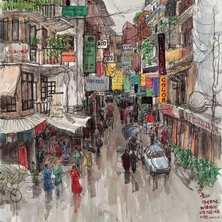 Wu Changjiang, Business Street near the Palace, August 10, 2005; watercolor, 76×56cm（Katmandu）