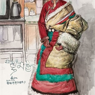 Wu Changjiang, Lamaojie, April 16, 2010; watercolor, 187×112cm