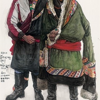 Wu Changjiang, Luosangzaxi and Cairangjia, April 13, 2012; watercolor, 182×109cm（at Zeku, Qinghai）