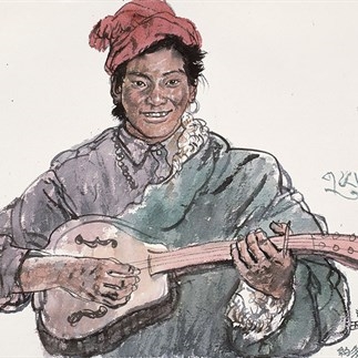 Wu Changjiang, Performer Yueduo, October 4, 2006;  watercolor, 56×76cm（at Yushu, Qinghai）