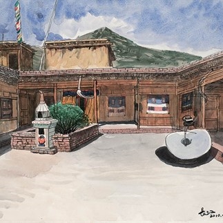 Wu Changjiang, Tibetan Courtyar, April 28, 2010; watercolor, 40×65cm（at Tongren, Qinghai）