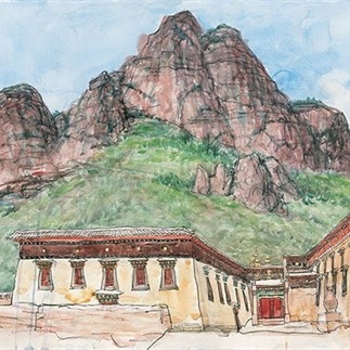 Wu Changjiang, Lajia Temple and Magic Mountain, August 20, 2002; watercolor, 56×76cm