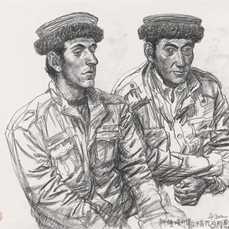 Wu Changjiang, Two Young Fellows, July 21, 2011; charcoal pencil on paper,（at Napu, Xinjiang）