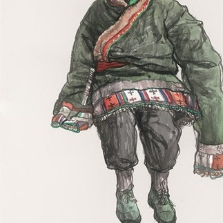 Wu Changjiang, Wangqingduoji Sitting on the Dais, April 25,  2007; watercolor, 101.6×64cm