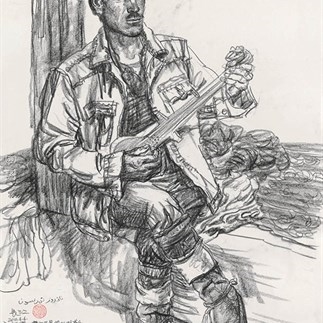 Wu Changjiang, Young Fellow Playing the Bandore, June 6, 2011; charcoal pencil on paper, 65×50cm（at Quman, Tizilapu, Xinjiang）