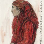 塔吉克姑娘－紙本彩色水筆－26x26cm，2001年-