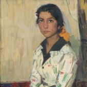 穿白衣的維族少女 紙板油畫  1979  53cm×37.5cm