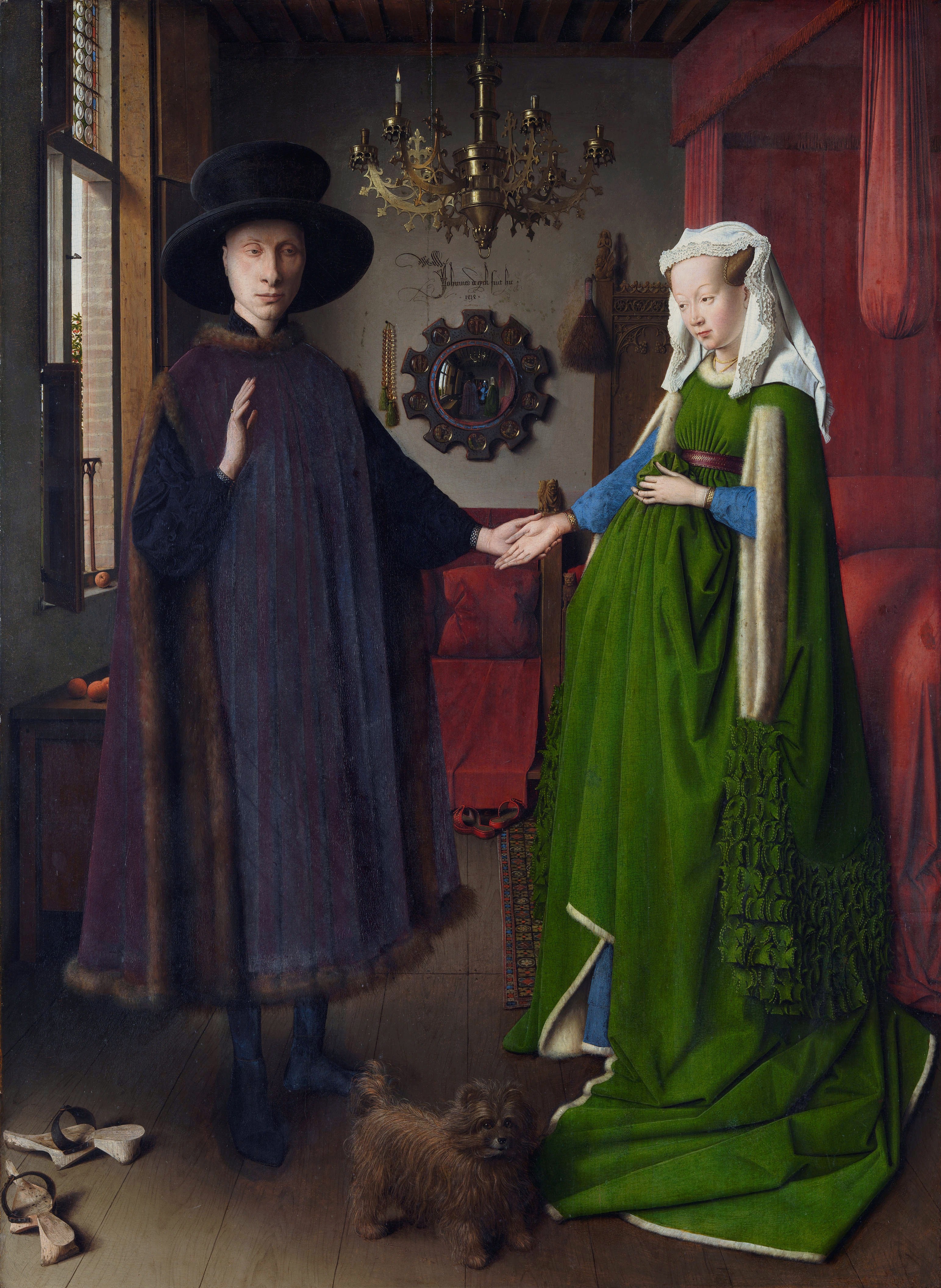 楊·凡·艾克（Jan Van Eyck），《阿爾諾芬妮夫婦像》，1434 年,  82.2 cm × 60 cm 木板，坦培拉和油彩， 倫敦國(guó)立美術(shù)館.jpg