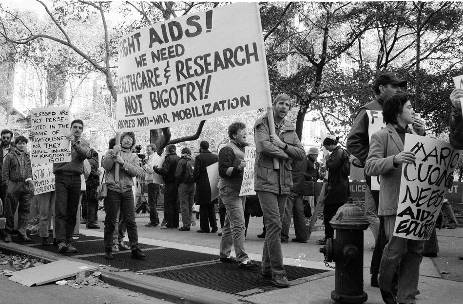 2. About 100 demonstrators protested on the steps of New York's City Hall on Nov. 15, 1985, as a City Council committee considered legislation to bar pupils and teachers with the AIDS virus from public schools..jpg