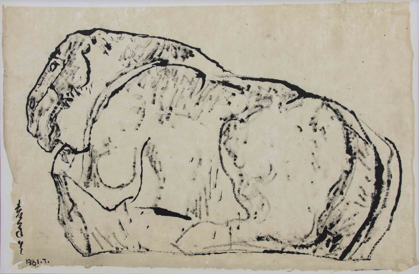 10 霍去病墓石馬側面寫生Side Sketch of Stone Horse in Huo Qubing's Tomb， 65x97cm 紙本水墨 1981.jpg