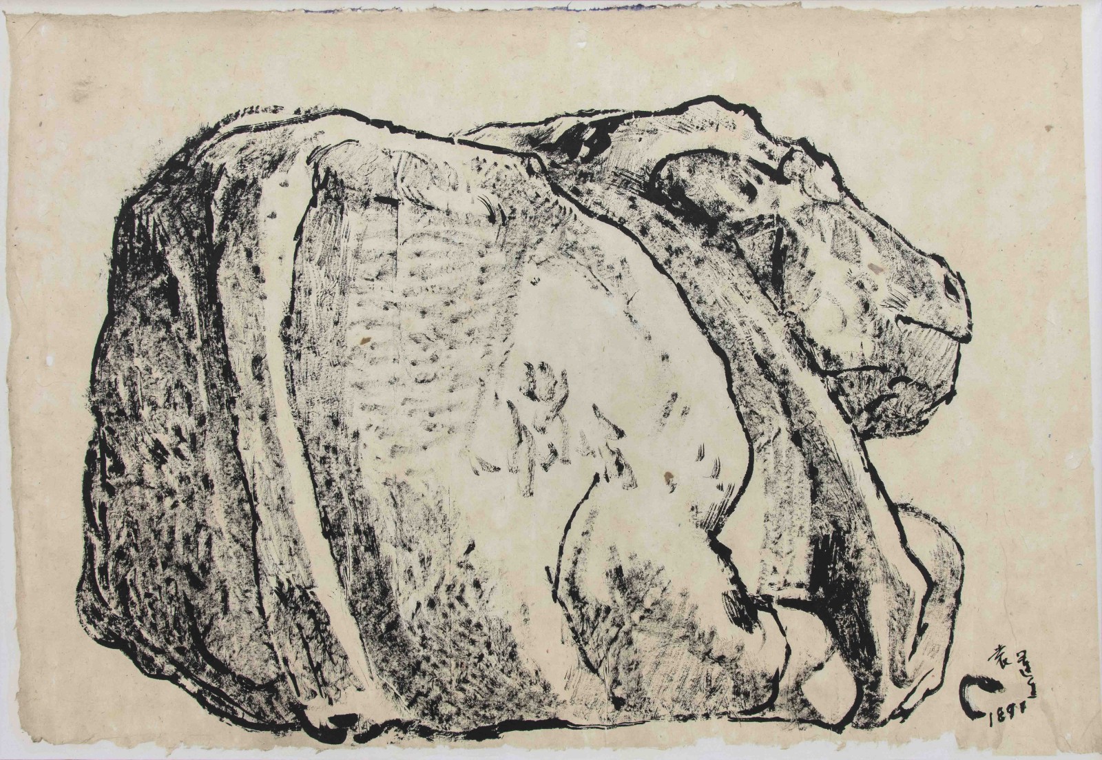 11 霍去病墓石牛側(cè)面寫生Side Sketch of Stone Cow in Huo Qubing's Tomb， 紙本水墨 65x93.5cm 1981.jpg