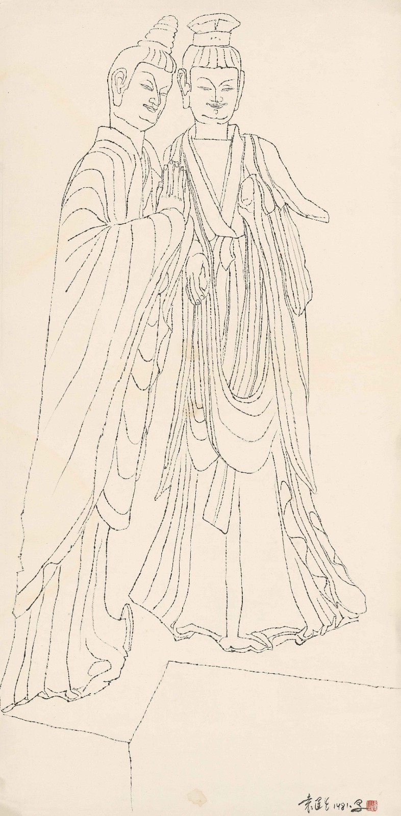 14 麥積山雙佛像白描Line drawing of Maiji Mountain double Buddha statues，138.5x69.5cm，宣紙水墨，1981.jpg