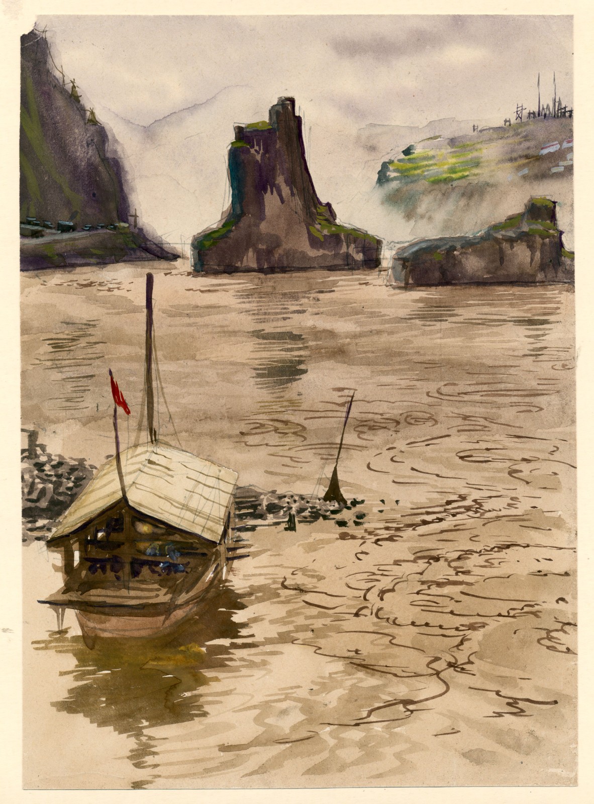 Yang Li, East Side of the Midstream Pillar Rock in Yellow River around Sanmenxia, 1956, Watercolor on paper, 26.3x19.5cm.jpg