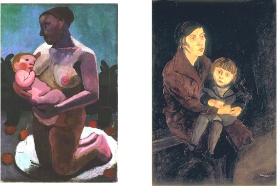 左：保拉·莫德松-貝克爾（Paula Modersohn-Becker），《跪著哺乳的母親》，1906 ?Staatliche Museen zu Berlin, Nationalgalerie 右：奧托·內格爾（Otto Nagel），《帶孩子的母親》，1929.jpeg