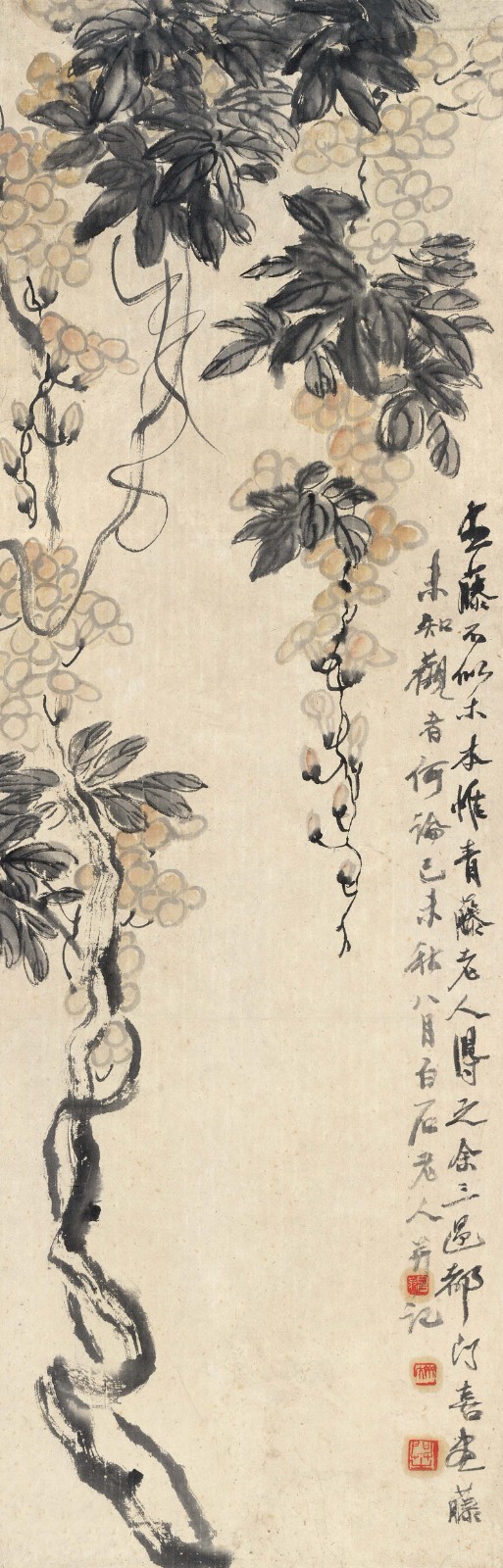 紫藤圖 齊白石 106cm×34cm 紙本設(shè)色 1919年 北京畫院藏.jpg