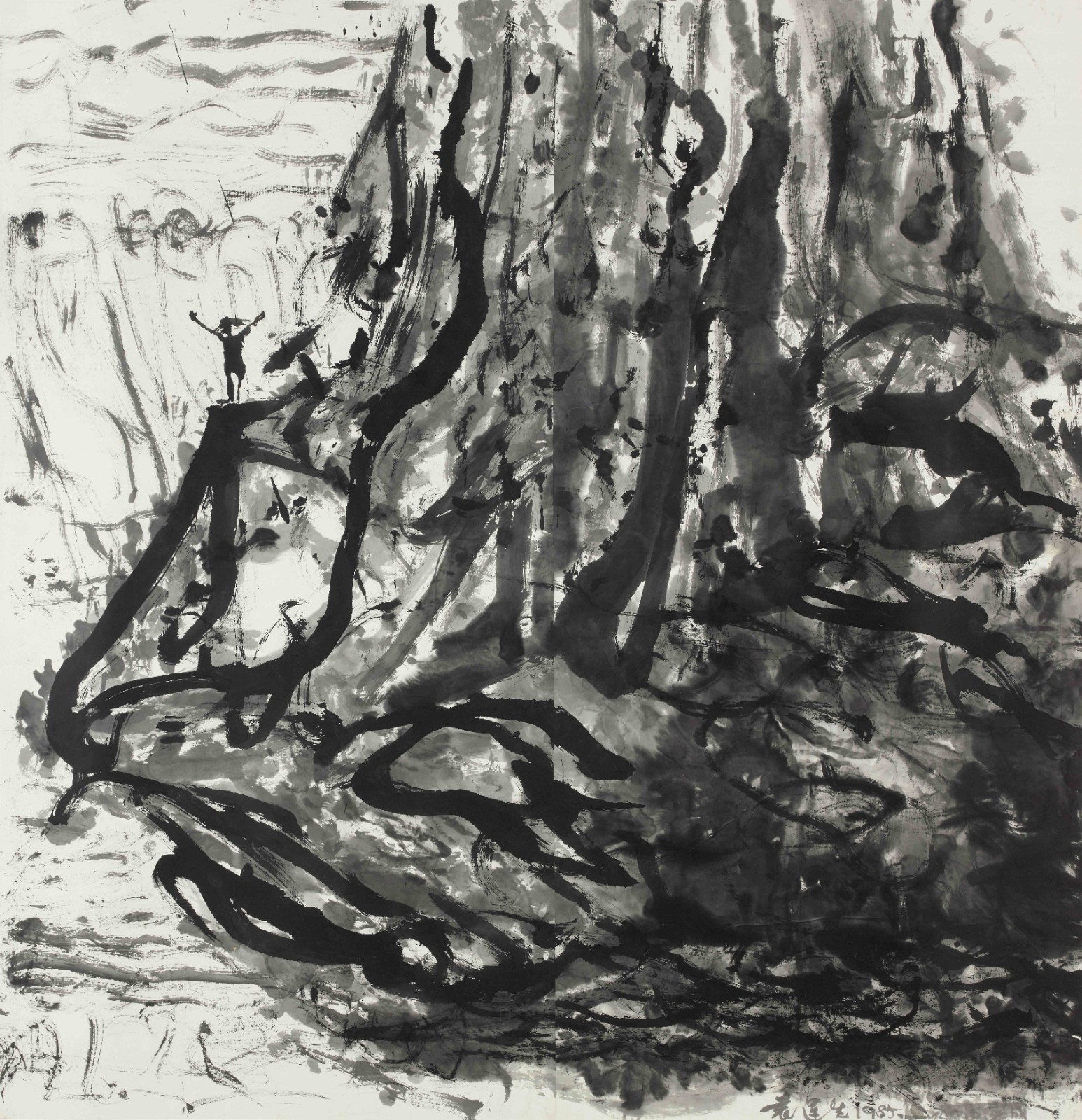 袁運生 Yuan Yunsheng，《峭壁旁的呼喚》Call from the cliff，紙本水墨 Ink on paper，136x136cm 1991.JPG