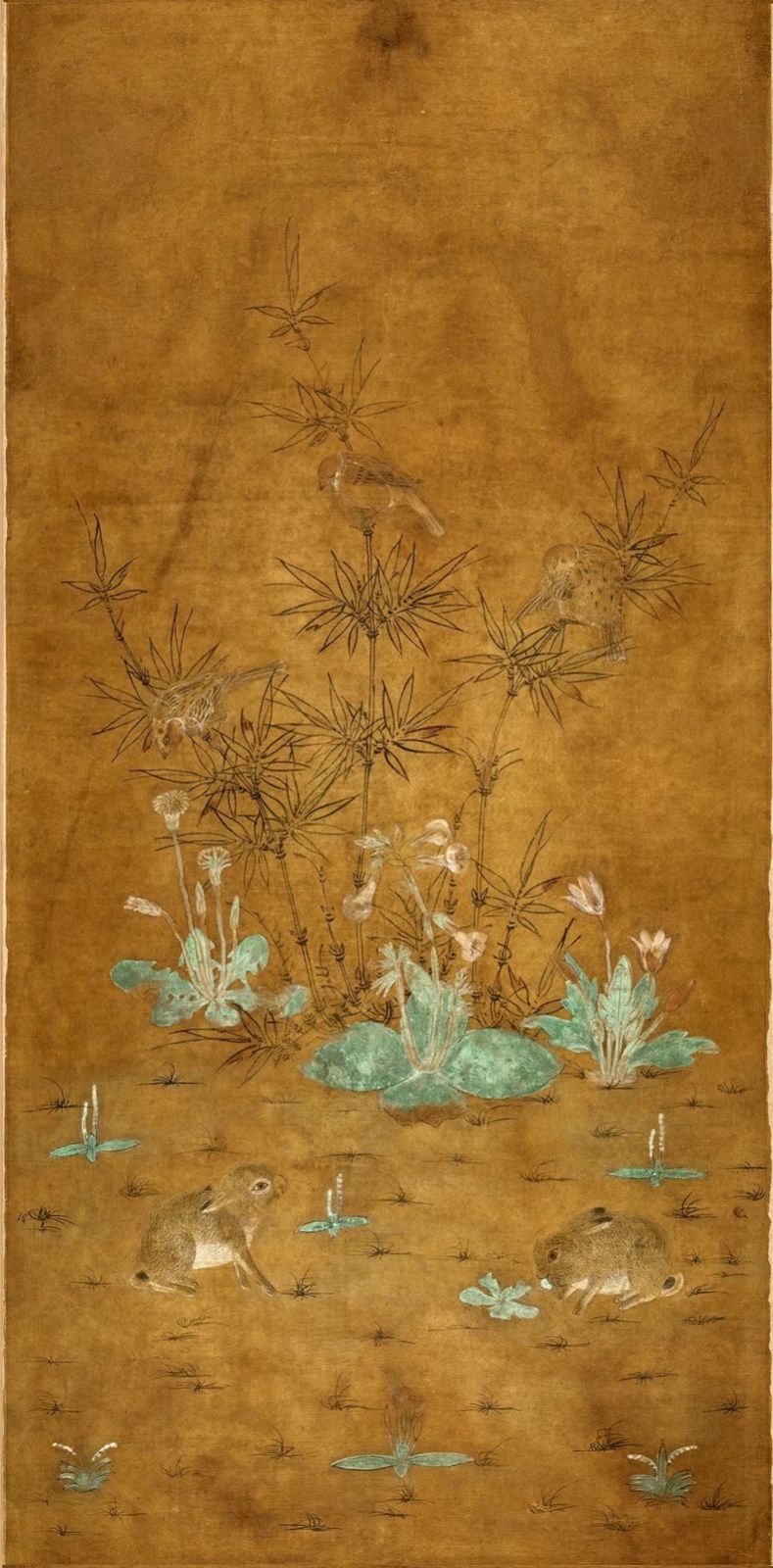 16遼 佚名，竹雀雙兔圖，絹本設(shè)色，113.4x56.2cm，遼寧博物館藏，出土于遼寧省法庫(kù)縣葉茂臺(tái)七號(hào)遼墓.jpg