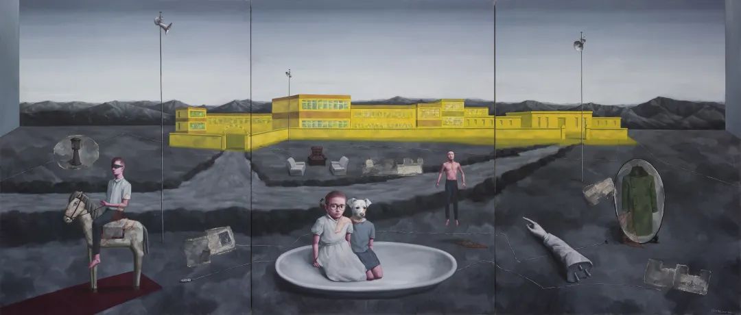 Zhang Xiaogang, Stage Castle No. 3, 2020. Oil on paper, paper and magazine collage, 260x600cm ? Zhang Xiaogang, Image Courtesy Zhang Xiaogang Studio.jpg