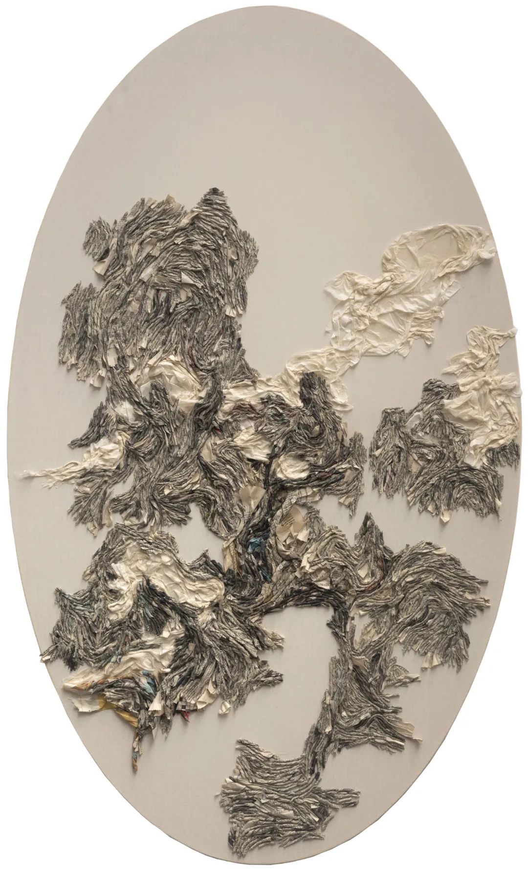 Kelly Wang, Microcosm 15, 2023, Xuan paper newspaper and acrylic on muslin, 50x30in.jpg