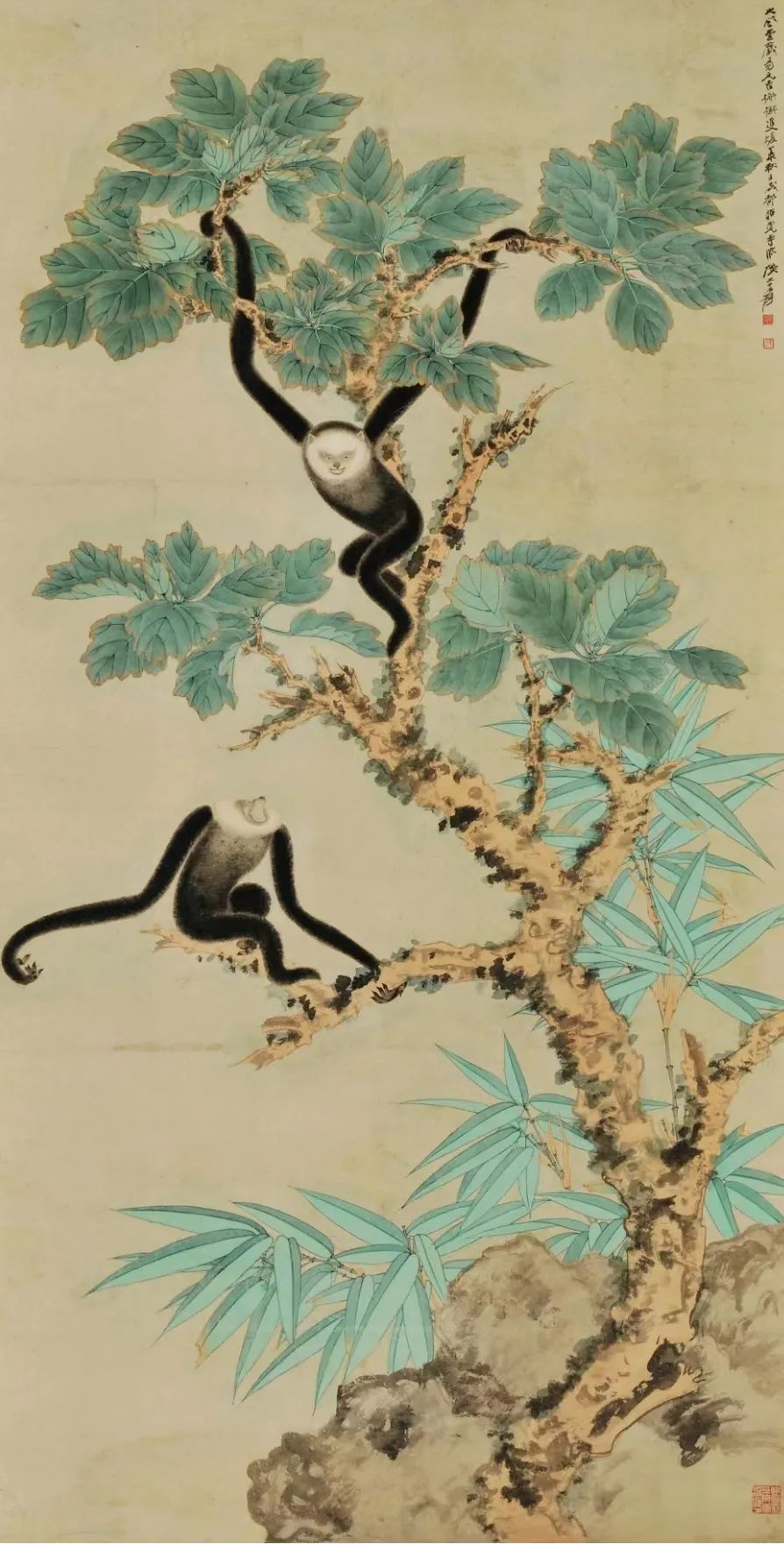 張大千，《檞樹雙猿》，275×107cm，紙本設色，20世紀，中央美術學院美術館藏.jpg