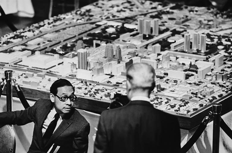 I. M. Pei explaining his proposal for Oklahoma City’s new downtown to a city official with a presentation model, ca. 1964. (Photo ? The Oklahoman – USA TODAY NETWORK).jpg